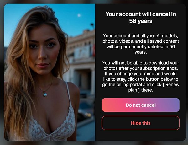 A modal window displays an account cancellation warning alongside a portrait of a woman.
