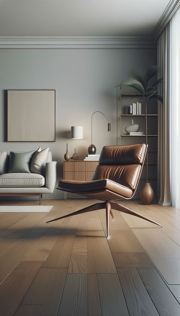A sleek and elegant Klismos chair made of polished wood with leather seating, positioned gracefully in a minimalist contemporary living room setting.
