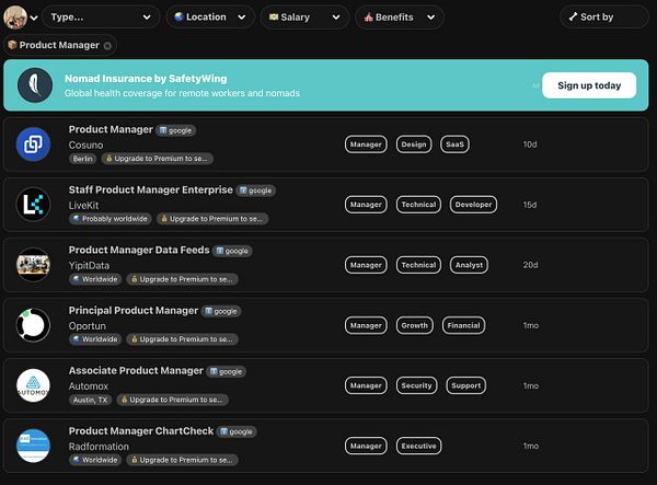 Screenshot of a remote job listing webpage showing a Product Manager role without a Product Manager tag.