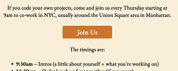 The image features an invitation to a co-working event in NYC with a call-to-action button.