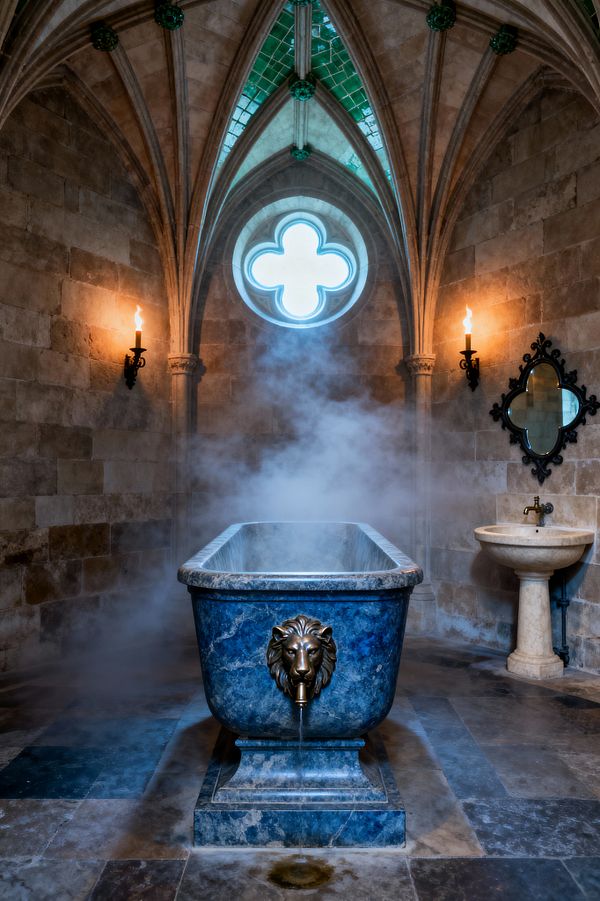 Steam rises from a deep blue stone soaking tub with a bronze lion‑head spout, centered beneath soaring ribbed vaults and a round quatrefoil window that diffuses daylight. Warm limestone walls, torch‑like wrought‑iron sconces, a black quatrefoil mirror, a carved stone pedestal sink, slate floor tiles, and emerald glazed ceiling panels compose a dramatic, chapel‑like Gothic bathroom.