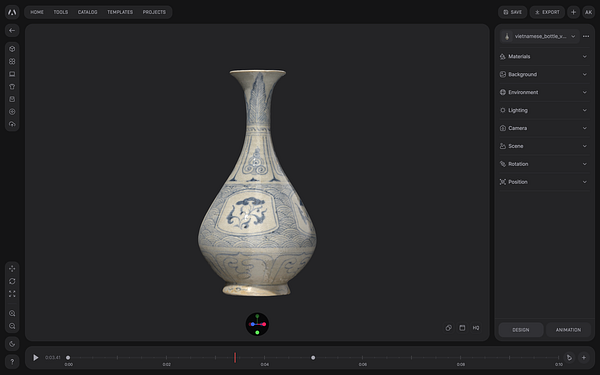 Screenshot of a Morflax Studio app interface showing a 3D model viewer page with several UI elements and controls.