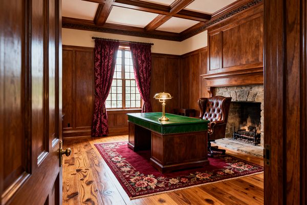 A traditional home office with full-height wood paneling and a coffered ceiling shows a central desk with a green leather top and brass banker’s lamp on a burgundy floral rug. A tufted brown leather wingback faces a lit stone fireplace; mullioned windows with red damask curtains and wide-plank pine flooring add warmth, while carved moldings and a substantial mantel emphasize classic craftsmanship.