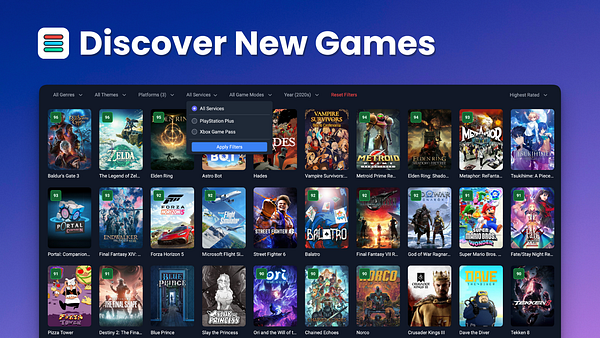 A vibrant interface showcasing a selection of new video games with various filters and ratings.