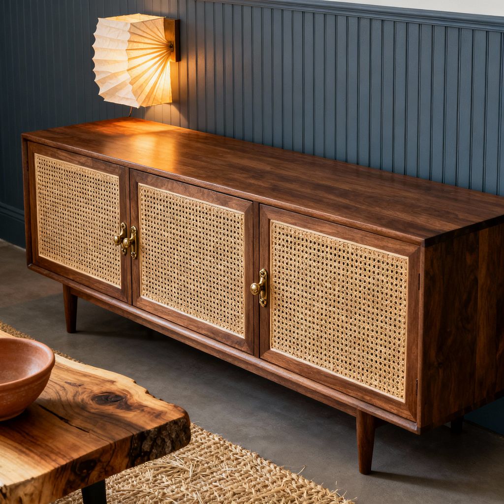 A farmhouse media nook centers on a solid-wood console with woven cane doors, brass latches, and tapered legs against slate-blue beadboard wainscoting. A pleated paper wall sconce casts a warm glow over the rich wood grain, while a live-edge coffee table, jute rug, smooth concrete floor, and a small terracotta bowl layer natural textures in honeyed wood, straw tones, and muted blue-gray.