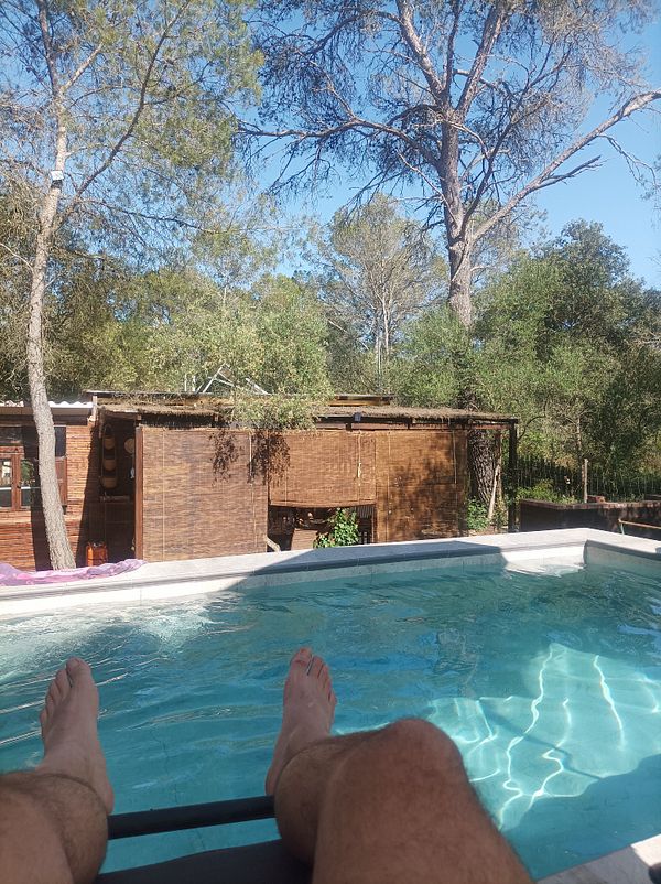 A person relaxes by a pool surrounded by trees and wooden structures.