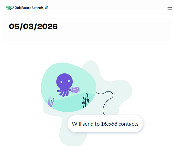Screenshot displaying an email campaign editor interface with a preview of a newsletter promoting job search assistance and career tips.