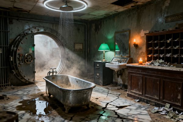An abandoned bank vault transformed into a bathroom features a claw-foot galvanized tub under a ceiling-mounted rain shower encircled by a glowing halo. Cracked white marble floors with puddles, peeling teal-green walls, a heavy steel vault door, a porcelain wall-mounted sink with vintage controls, and a dark wood counter with pigeonhole cubbies strewn with paper money are lit by candles, an emerald banker’s lamp, and dusty daylight filtering through steam.