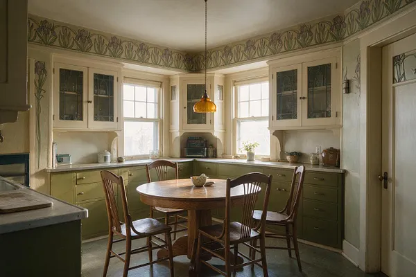 A bright vintage kitchen with olive-green lower cabinets, cream upper cabinets with leaded glass fronts, and a round wooden table surrounded by four wooden chairs. Art Nouveau floral border wallpaper wraps the top of the walls, while two tall windows and a warm amber pendant light fill the room with soft daylight.