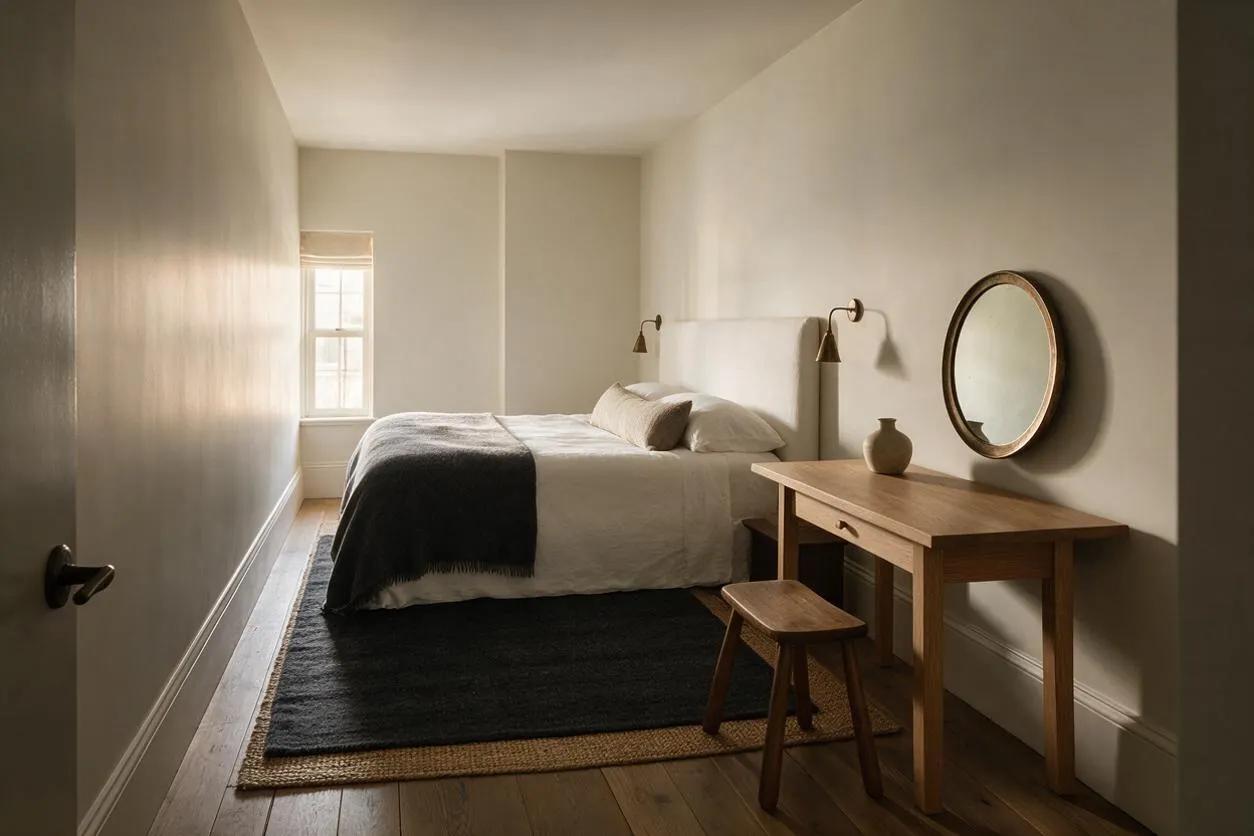 A narrow guest bedroom features a neutral bed with a tall upholstered headboard against a soft beige wall, flanked by brass reading sconces. A simple oak desk with a small stool and round mirror lines the right wall, while a dark rug layered over a natural jute border grounds the room. Light streams in from a window at the far end, creating a calm, understated atmosphere.