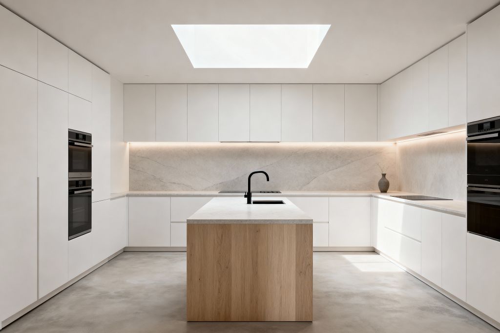 A minimalist U-shaped kitchen with handleless matte-white cabinets and a continuous light-gray stone slab backsplash under warm LED strips. A central island clad in natural oak has a pale stone countertop with a black undermount sink and matte black faucet, while a large skylight brightens the polished concrete floor; built-in double ovens sit at both ends, a flush induction cooktop is on the right run, and decor is limited to a single gray vase.