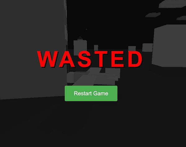 The image displays a game over screen with a prominent 'WASTED' message and a restart option.