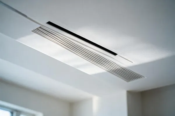 A white minimalist ceiling detail showing a long, narrow black slot and a parallel recessed linear vent with fine slats. Soft daylight washes across the smooth ceiling and adjacent white walls, creating a clean, architectural look.