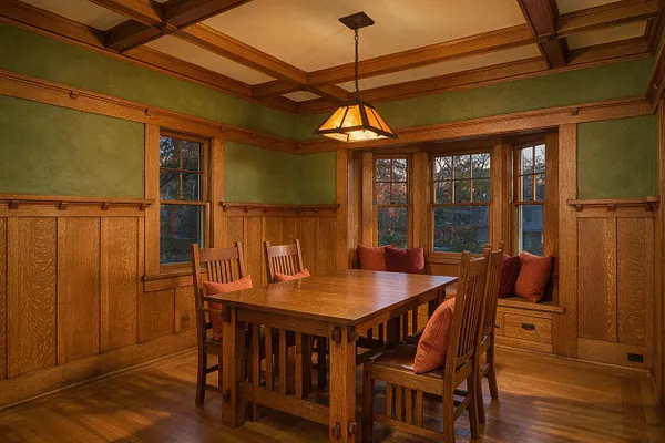 A Craftsman-style dining room with rich wood paneling, a coffered ceiling with exposed beams, and a square wooden dining table surrounded by matching slatted chairs. Green upper walls, built-in window seating with burgundy cushions, and a warm pendant light create a cozy, inviting atmosphere.