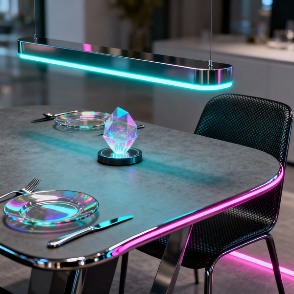Close-up of a futuristic dining setup featuring a rounded gray tabletop trimmed with RGB LED light glowing cyan and magenta. A slim chrome linear pendant above casts an aqua strip of light. Two place settings include iridescent glass plates and stainless cutlery. A faceted crystal-like ornament glows from a small base at the center, with a black perforated metal chair nearby and a softly blurred modern interior in the background.