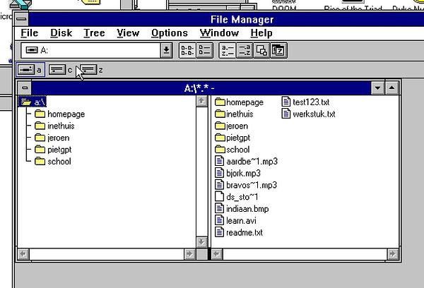 The image displays a File Manager interface showing the contents of a mounted A: drive.