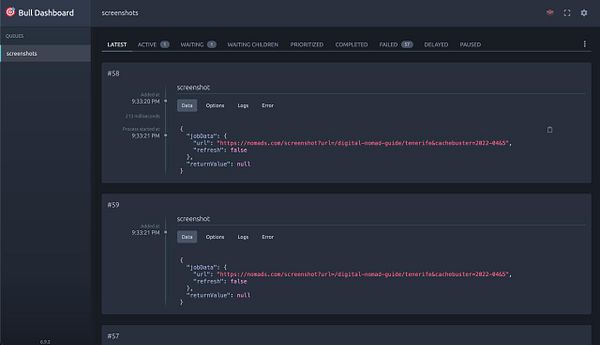 The image displays a screenshot of the Bull Dashboard interface showing job details and statuses.