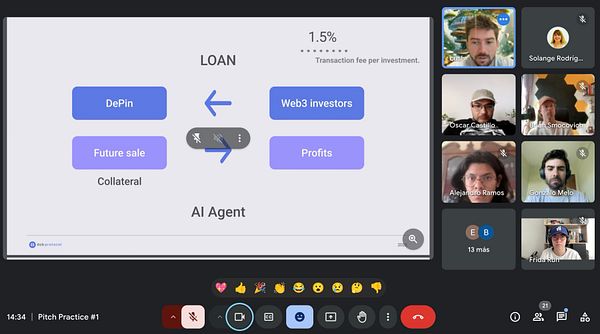 A virtual pitch practice session featuring a presentation slide and participants in a video call.
