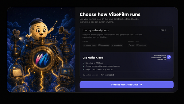 Screenshot of a terminal window running the "melies vibefilm cloud" command with a progress log and port information.