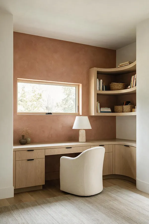 A serene organic modern sunroom features a built-in curved oak desk with drawers, a small rectangular window above it, and open rounded shelving filled with books and woven baskets. A cream upholstered swivel chair sits in front of the desk, with a textured terra-cotta accent wall, pale rug, and soft natural light creating a calm, earthy workspace.