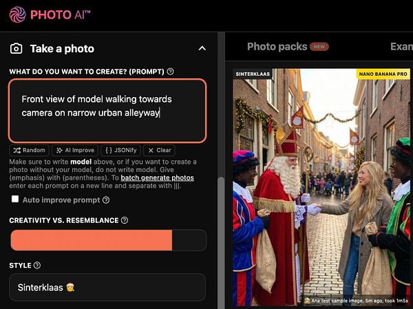 The image displays a user interface for a photo generation tool with a prompt for creating a specific scene.