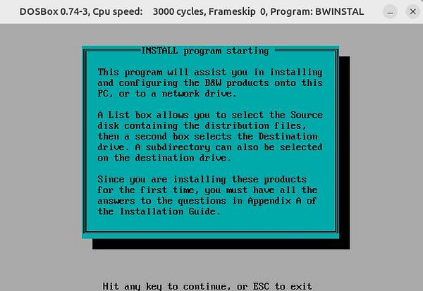 A DOSBox interface displaying an installation program for B&W products.