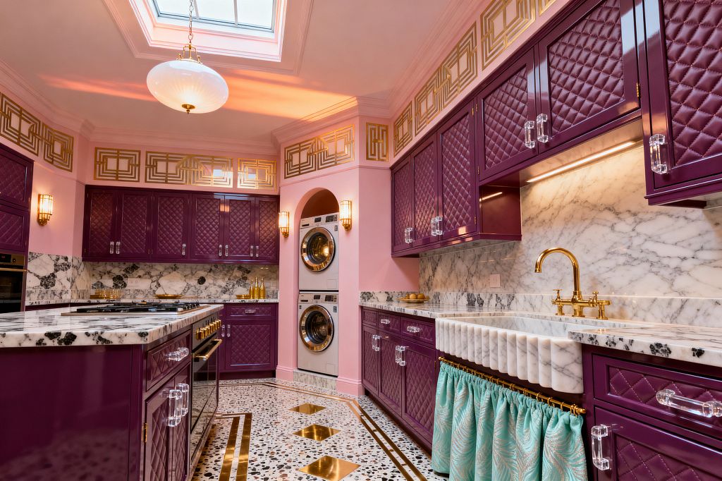 An opulent laundry room shows stacked washer and dryer set into a pink arched alcove flanked by ribbed wall sconces. Glossy plum cabinets have diamond‑quilted fronts and clear acrylic pulls, paired with veined white marble counters and backsplash. A scalloped apron farmhouse sink with a brass bridge faucet and aqua skirt stands over terrazzo flooring with brass inlays, while a skylight and opal pendant light the gold Art Deco trim near the ceiling.