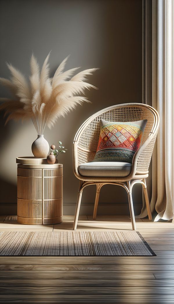 A beautifully designed living room featuring a cane chair accessorized with a colorful throw pillow, placed next to a wooden side table.