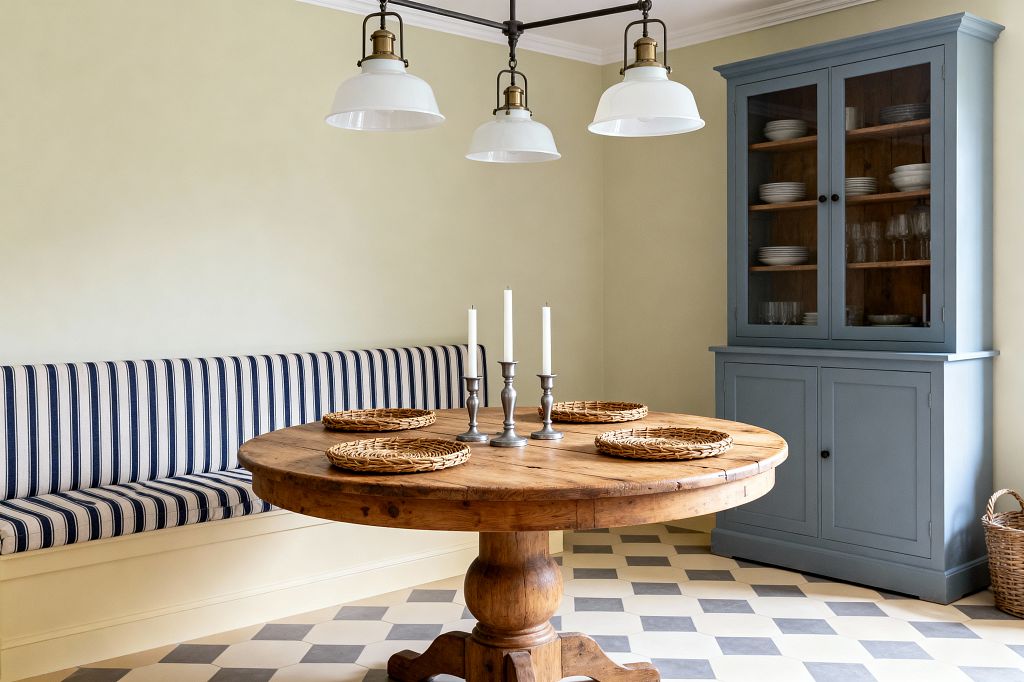A farmhouse dining nook with a round pine pedestal table topped with three pewter candlesticks and woven rattan chargers. A built-in bench upholstered in navy-and-cream ticking stripes runs along soft sage walls beneath a three-light pendant with white enamel shades and brass details. A muted blue glass-front hutch displays white dishes and glassware, while a gray-and-ivory geometric tile floor and a wicker basket complete the scene.