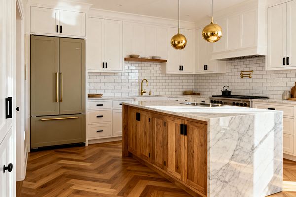 A bright transitional kitchen with white Shaker cabinets and a white subway tile backsplash. A large island shows a waterfall white marble countertop over a natural white oak base, with herringbone oak flooring beneath. Two brass globe pendants hang above, coordinating with a brass faucet and wall-mounted pot filler. Matte black cabinet pulls provide contrast. An olive green paneled French-door refrigerator stands on the left, and a professional range is built into the right wall.