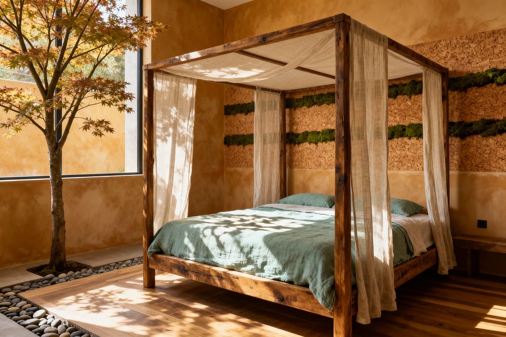 A sunlit bedroom features a rustic timber canopy bed draped with sheer linen and dressed in sage green bedding. An indoor tree grows beside a large window, set in a recessed planter bordered by smooth river stones, while warm ochre plaster walls and a cork accent wall with horizontal bands of preserved moss add texture; dappled leaf shadows fall across the wooden floor and bed.