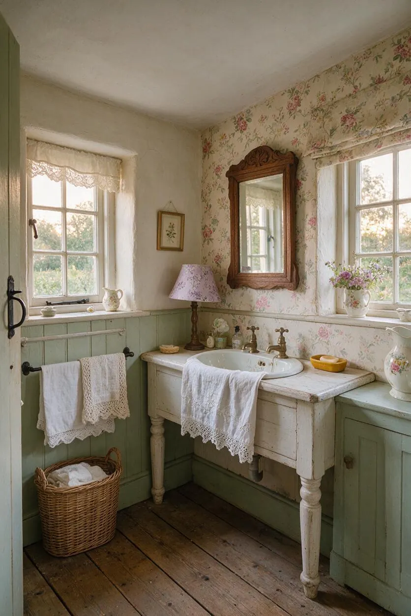 A cozy cottage-style powder room with floral wallpaper, pale green paneled wainscoting, and a distressed white pedestal sink. Lace-trimmed towels, a wicker basket, a carved wood mirror, and soft daylight from two windows create a warm, romantic atmosphere.