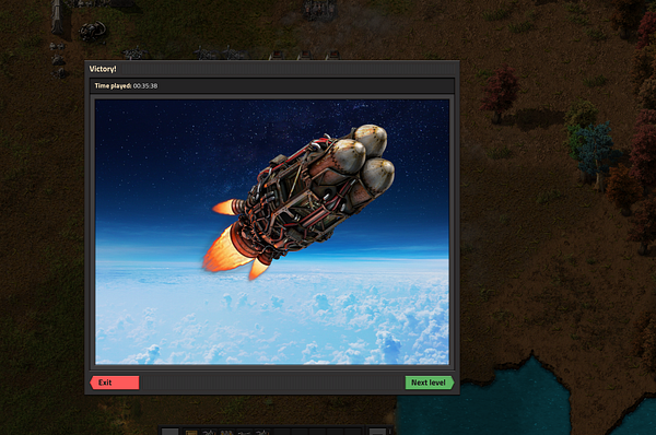 Victory screen in the game Factorio showing a rocket launching into space with time played and options to exit or proceed to next level.
