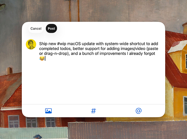 MacOS interface displaying a to-do list app with system-wide shortcut guidance and image/video management features.