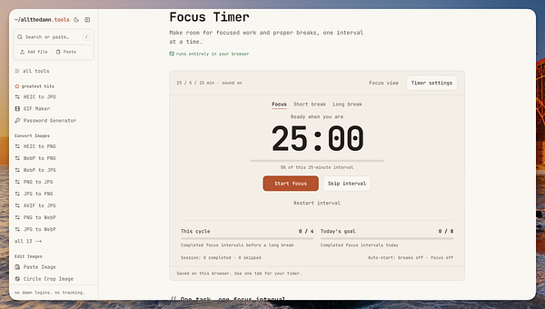User interface of a web-based focus timer tool with a 25-minute countdown, interval controls, and progress tracking.