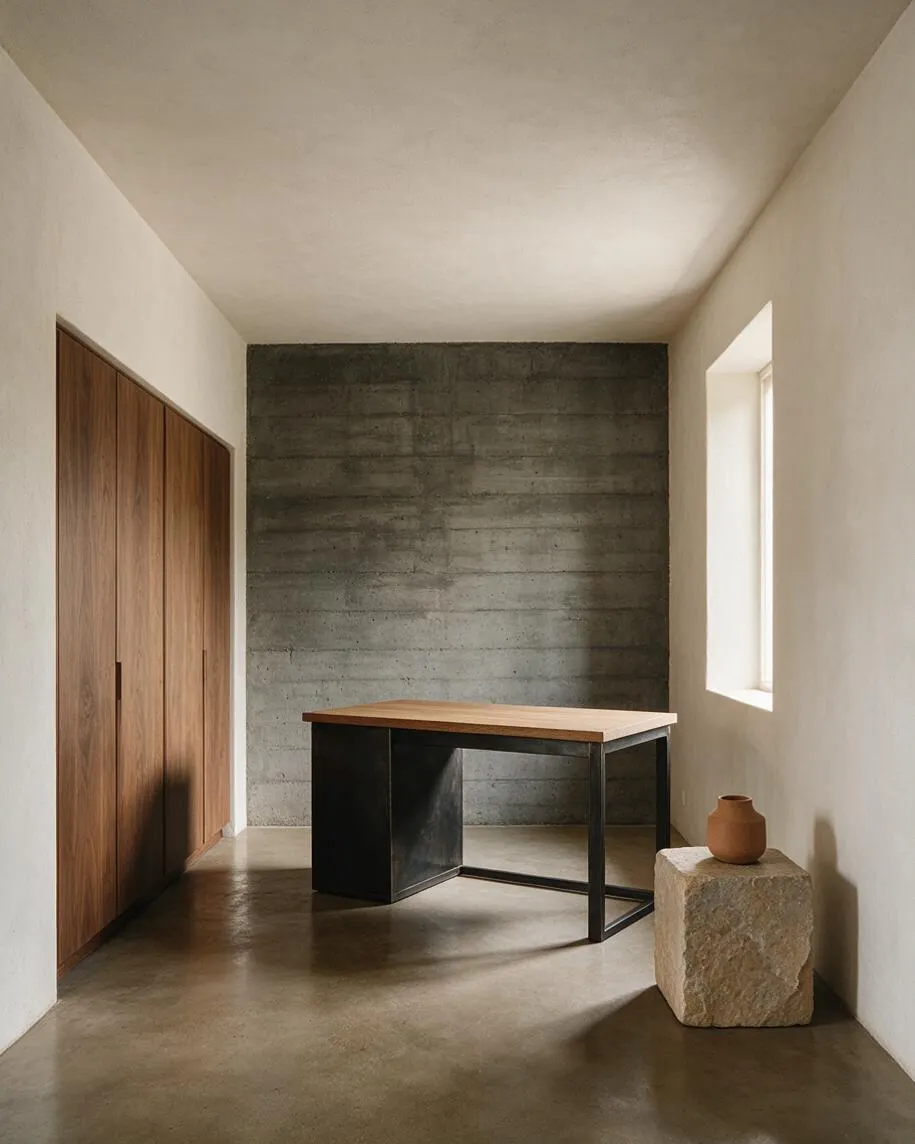 A minimalist home office features a simple wood-topped desk with a black metal base centered against a raw concrete accent wall. Warm walnut closet doors line the left side, a small window brings in daylight on the right, and a rough stone block with a clay vase adds sculptural texture.