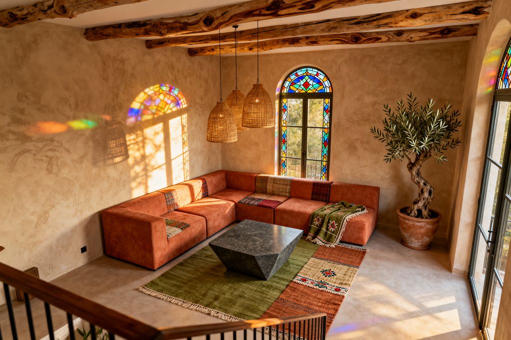 A sunlit living room features an L-shaped terracotta upholstered sofa around a faceted charcoal stone coffee table on a flatweave kilim rug in olive, rust, and cream. Textured plaster walls, exposed raw-wood ceiling beams, and three woven rattan pendants frame arched stained-glass windows that cast colorful light; a potted olive tree and black steel-framed doors complete the relaxed Bohemian scene.