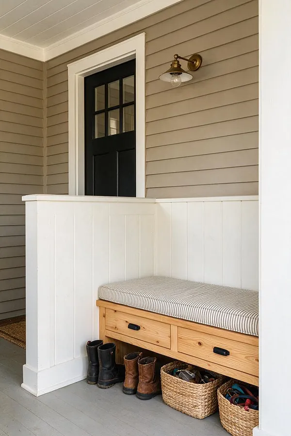 A farmhouse front porch with taupe horizontal siding, a black door with divided glass panes, and a brass wall sconce above white beadboard wainscoting. A light wood storage bench with a striped cushion sits against the half wall, with boots and woven baskets neatly stored below on a gray painted floor.
