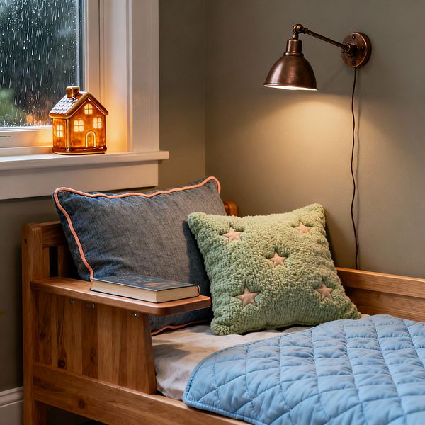 Close-up of a cozy children’s bed beside a rainy window. A natural wood daybed has a book resting on its arm shelf and is dressed with a light blue quilt, a denim pillow with coral piping, and a fluffy sage pillow with star cutouts. Walls are painted muted sage with white trim. A bronze wall-mounted sconce casts warm light while a glowing ceramic house sits on the sill, creating a calm, storytime atmosphere.