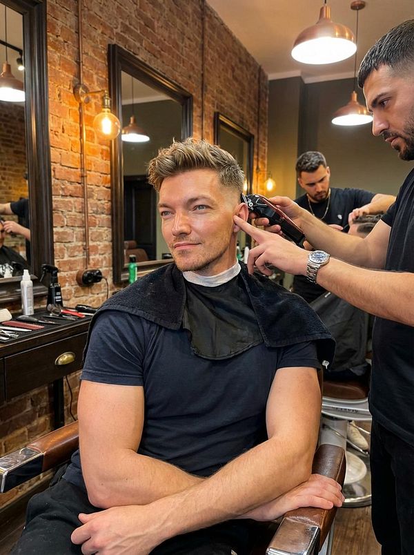 A man is getting a haircut in a stylish barbershop.