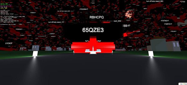 A vibrant, chaotic virtual environment filled with text and graphical elements.