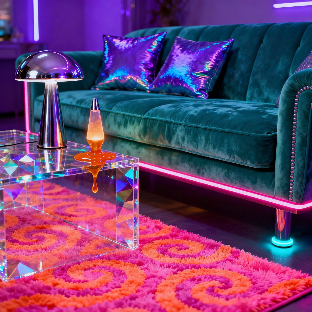 A neon-lit living room centers on a teal velvet sofa with nailhead-trimmed arms, glowing with pink LED underlighting and set on chrome legs that cast blue halos. Iridescent pillows reflect purple ambient light. In front, a faceted clear acrylic coffee table scatters rainbow reflections and holds a chrome mushroom lamp and an orange lava lamp with a melting-style base. A hot pink shag rug with orange swirl patterns anchors the scene over a dark floor.