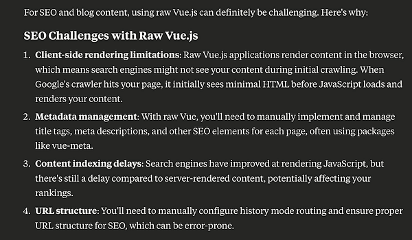 The image presents a detailed explanation of SEO challenges associated with using raw Vue.js for web applications.
