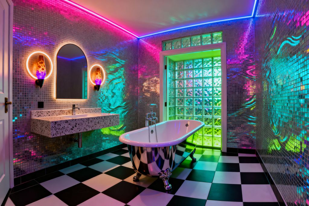 A psychedelic bathroom features iridescent glass mosaic walls reflecting neon light. A floating terrazzo vanity sits to the left beneath an arched, backlit mirror, flanked by halo wall sconces with amber glass. At center is a white clawfoot tub with a chrome exterior and chrome hardware on a black-and-white checkerboard floor. A glass-block partition glows green and blue, while pink and blue LED strips outline the ceiling.