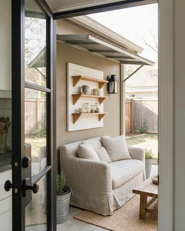 A small farmhouse-style backyard patio with a beige slipcovered loveseat, wooden wall shelves on a white shiplap panel, and a black lantern sconce under a metal awning. The space opens to a fenced yard with soft neutral tones, potted plants, a woven rug, and a rustic wood coffee table.