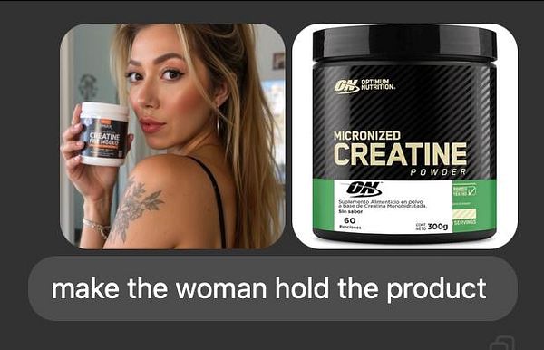 A woman poses with a container of creatine while a product image is displayed alongside her.