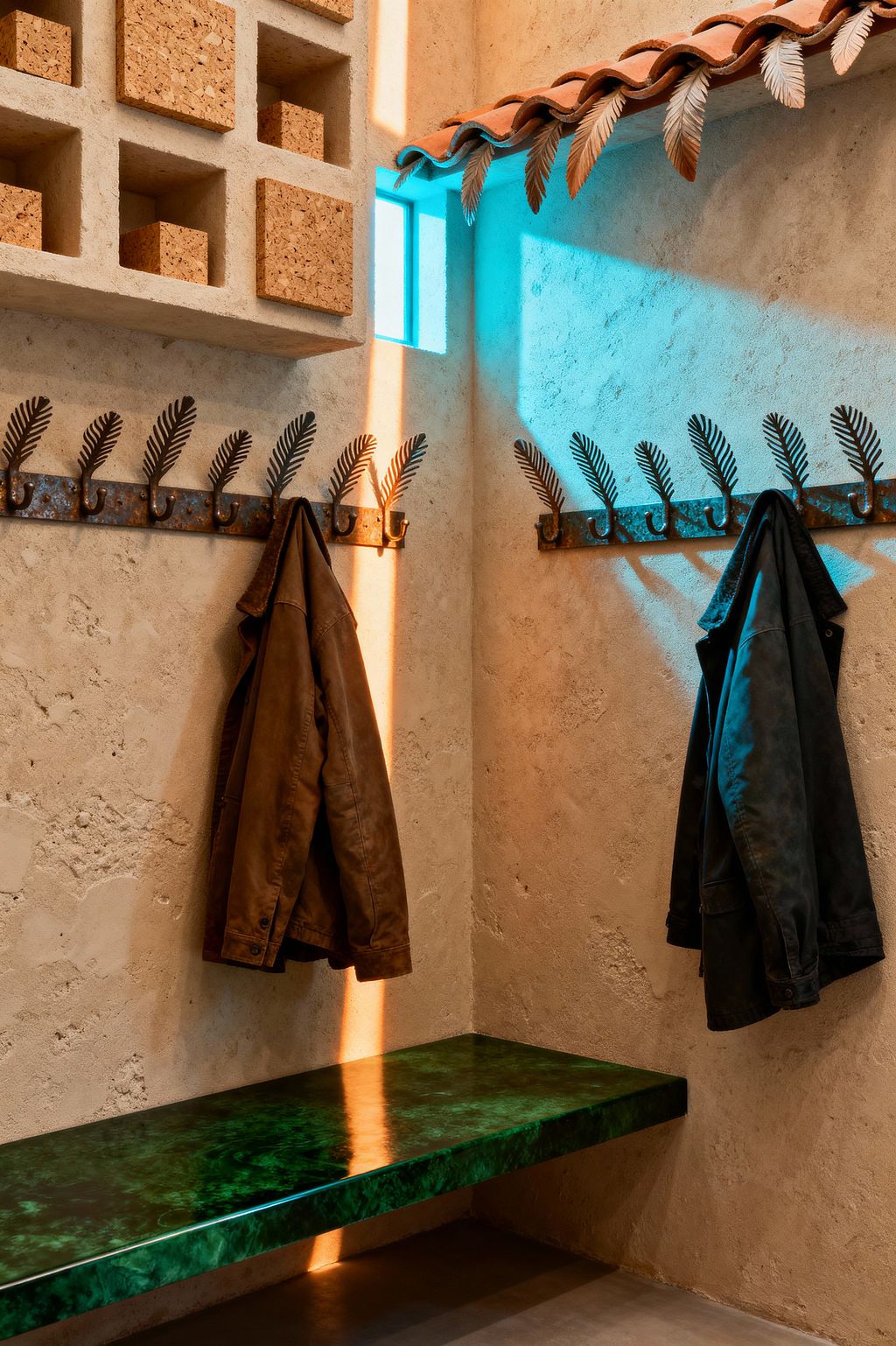 A mudroom corner with textured beige plaster walls and a floating, glossy emerald bench. Patinated metal rails with leaf-shaped hooks hold two jackets, while a wall of square cubbies contains tan cork blocks. An interior eave of terracotta roof tiles and a small square window create dramatic lighting, casting cyan light across one wall and a thin vertical amber beam in the corner over a smooth gray concrete floor.