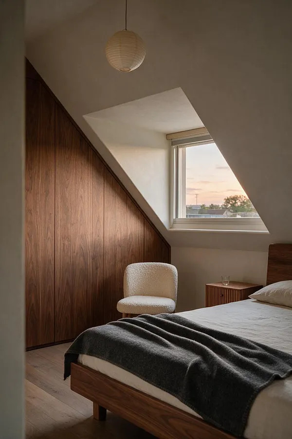 A modern guest bedroom with a sloped ceiling, a triangular skylight-style window, and warm walnut wood paneling built into the wall. The room includes a low wooden bed with white bedding and a dark throw, a textured cream accent chair, a small wood nightstand, and a paper pendant light, all lit by soft sunset light.