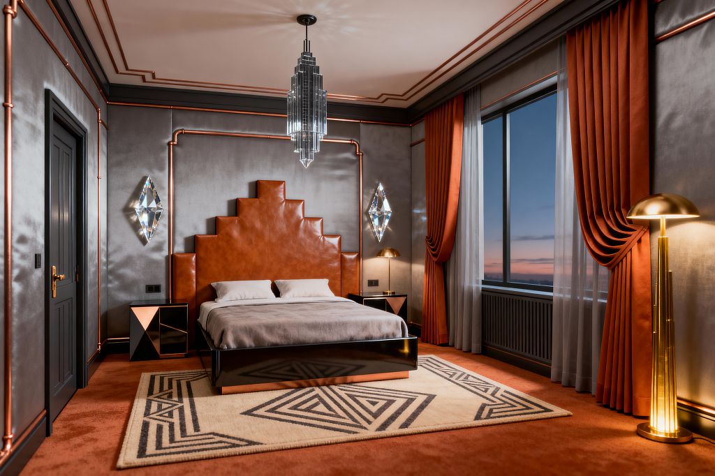 A glamorous Art Deco bedroom features a bed with a stepped cognac leather headboard set against metallic gray walls outlined by copper piping. A tiered glass skyscraper chandelier hangs above, with diamond-cut crystal sconces on each side. Black lacquer nightstands sit beside the bed, one with a brass dome lamp, and a matching brass floor lamp stands near rust velvet drapes layered over white sheers. Terra-cotta carpet and a cream rug with a black geometric motif complete the space.