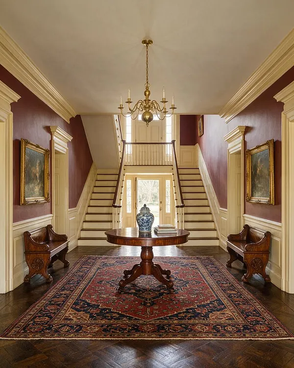 A grand traditional entryway with burgundy walls, cream trim, and a large central Persian-style rug. A round wood pedestal table with a blue-and-white vase sits beneath a brass chandelier, framed by twin staircases rising to an upper landing, with carved wooden benches and framed artwork along the walls.
